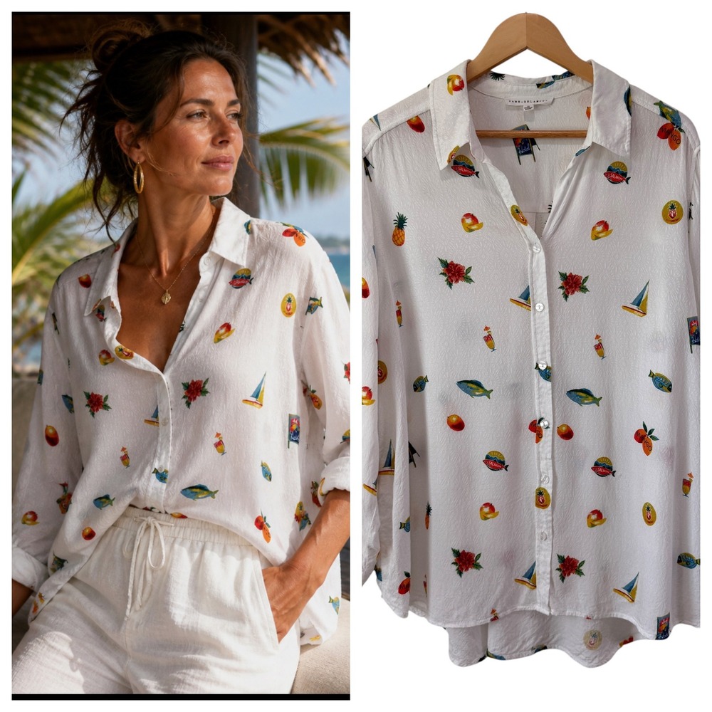 Jane + Delancey 1X White Tropical Conversation Fruit Print Button Up Top‎ Rayon